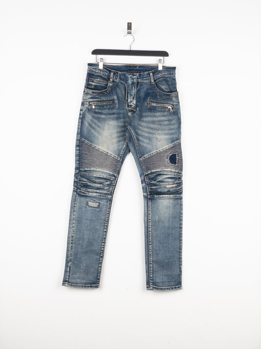 Balmain Repaired Biker Denim Jeans