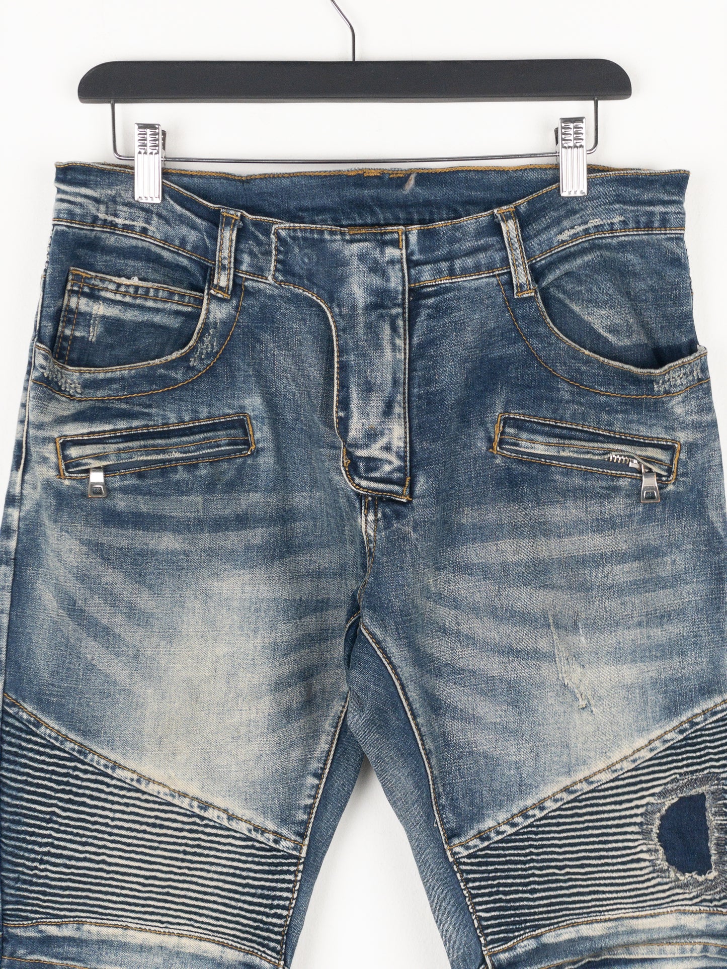 Balmain Repaired Biker Denim Jeans