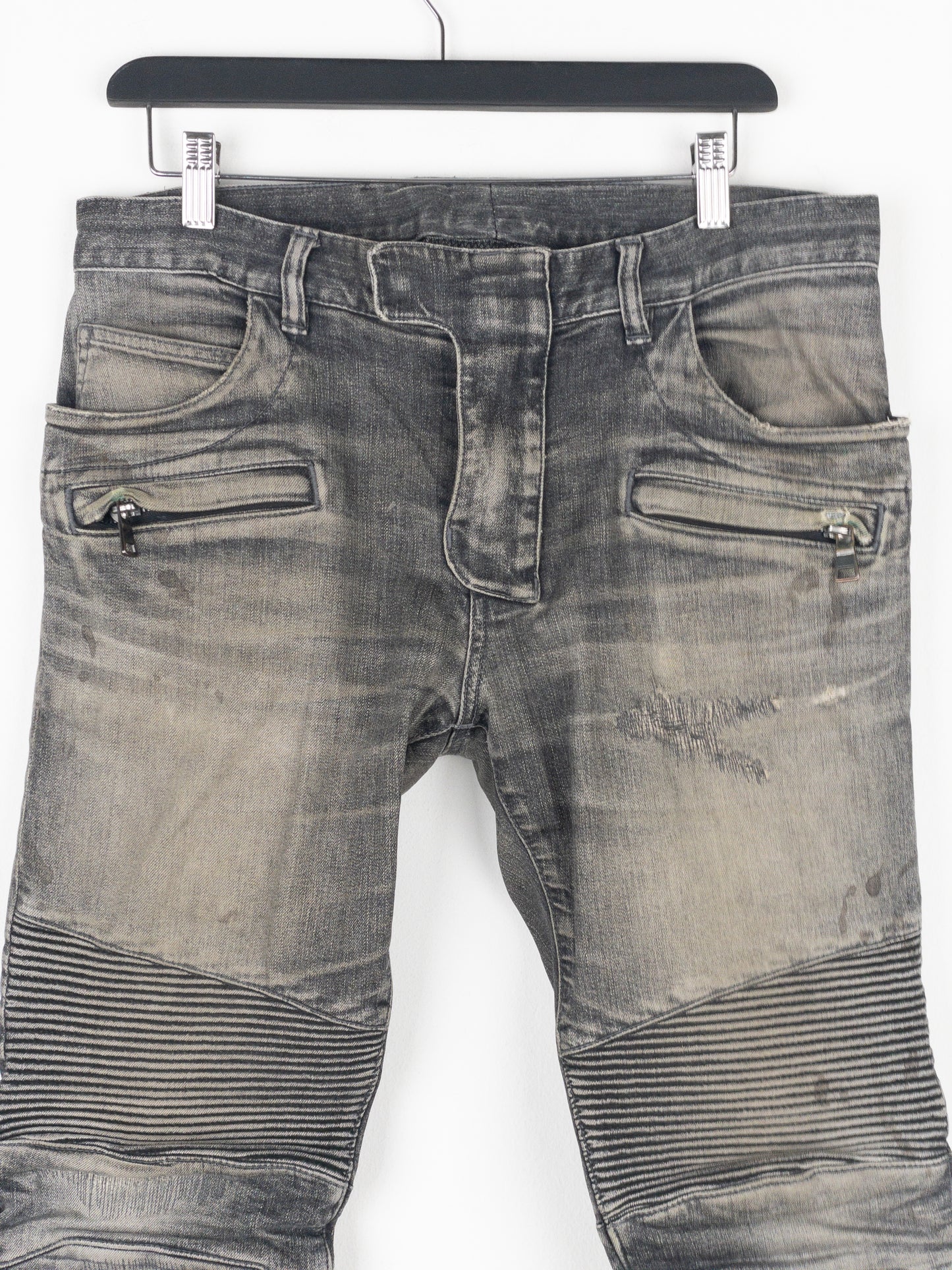 Balmain Dirt-Wash Distressed Biker Denim Jeans