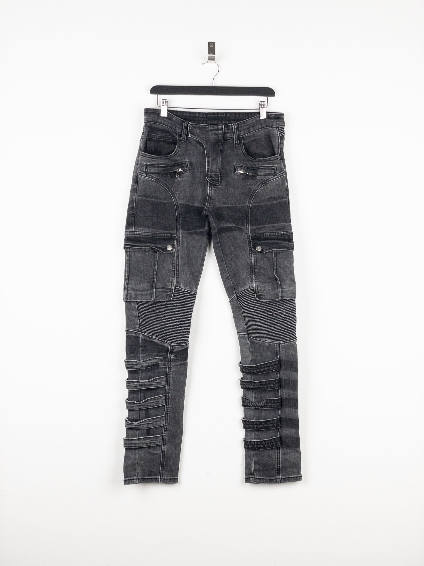 Balmain Bondage-Strap Biker Cargo Denim Jeans