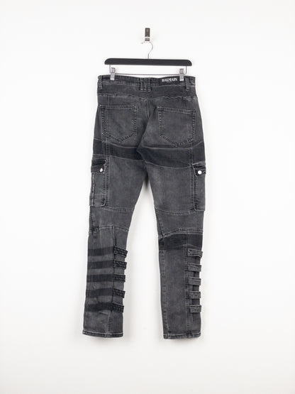 Balmain Bondage-Strap Biker Cargo Denim Jeans