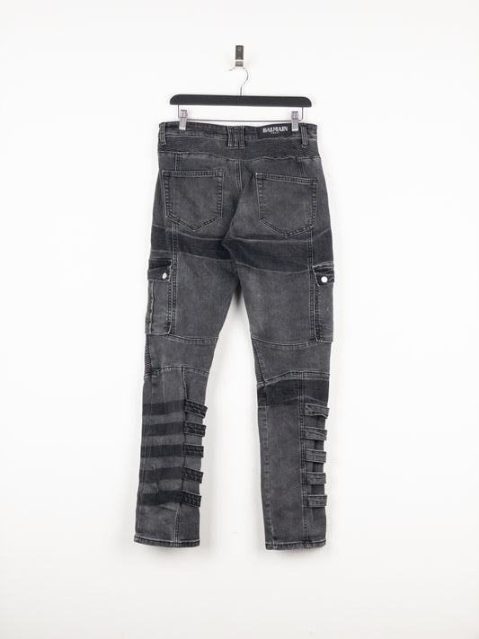 Balmain Bondage-Strap Biker Cargo Denim Jeans
