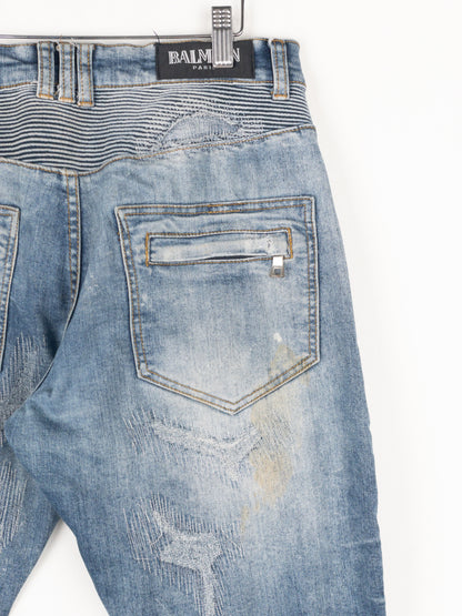 Balmain Repaired Biker Denim Jeans