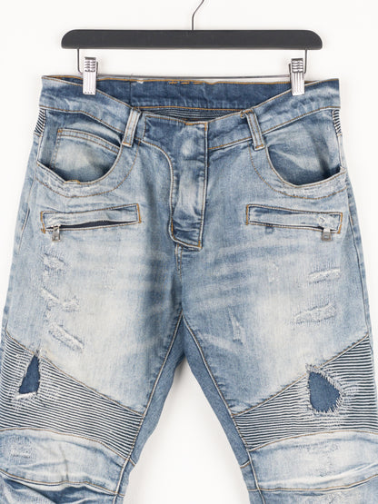 Balmain Repaired Biker Denim Jeans