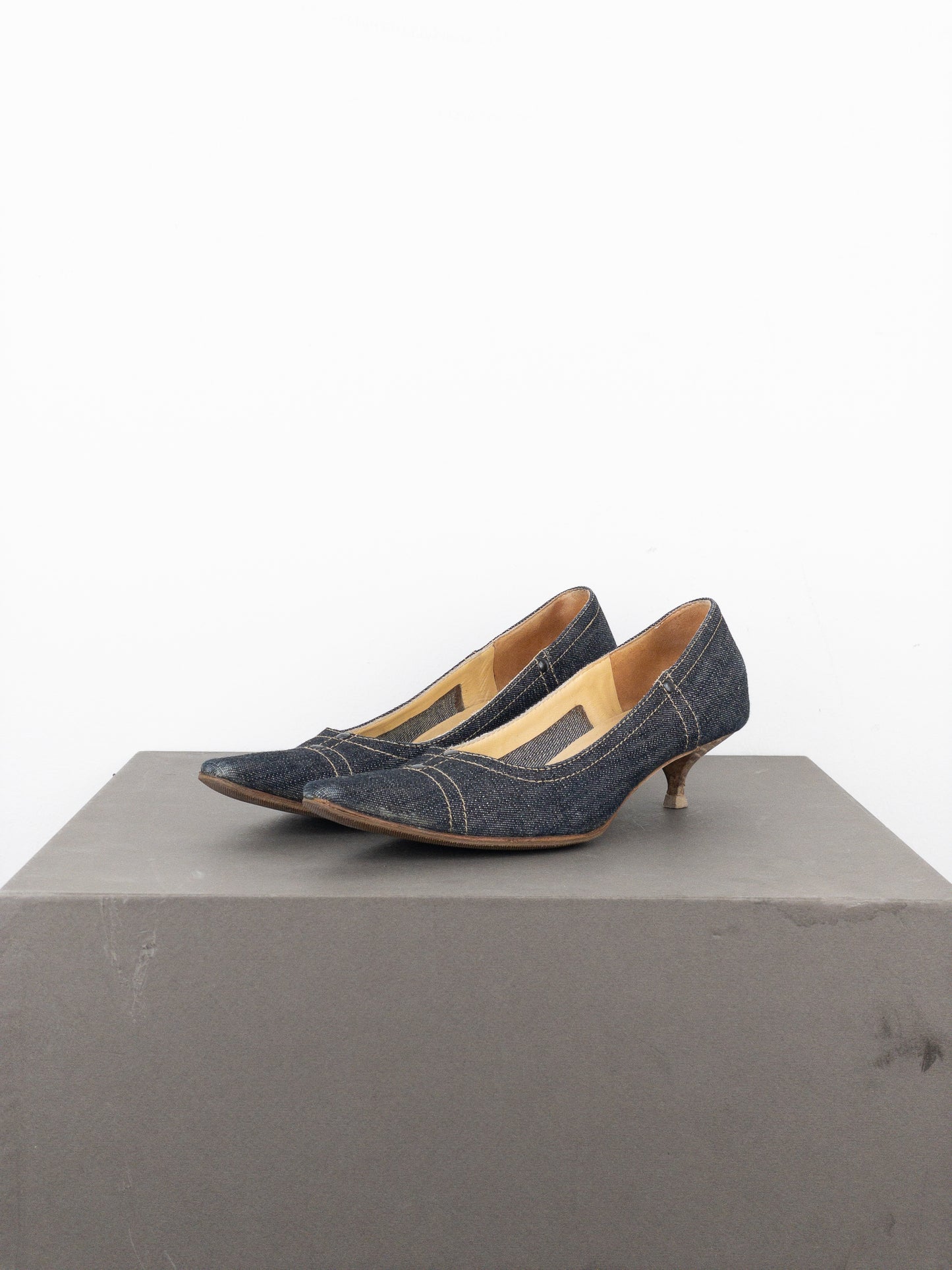Miu Miu 2000s Square Toe Denim Kitten Pump Heels