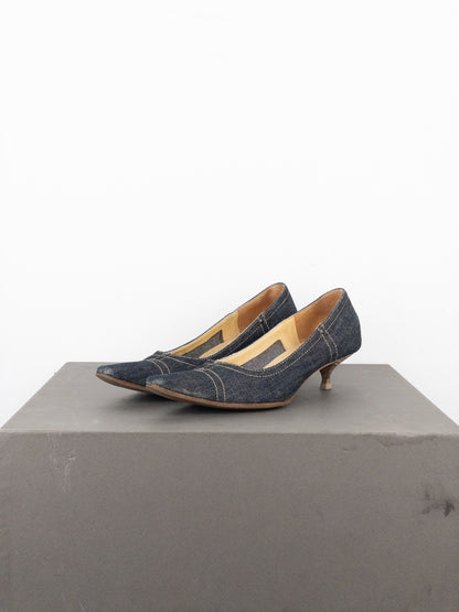 Miu Miu 2000s Square Toe Denim Kitten Pump Heels