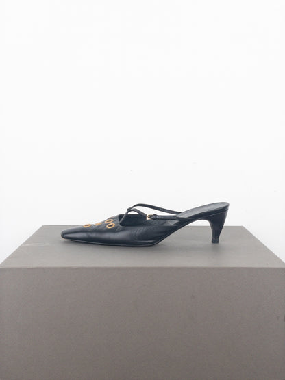 Prada 2000s Square Toe Grommet Kitten Heel Mules