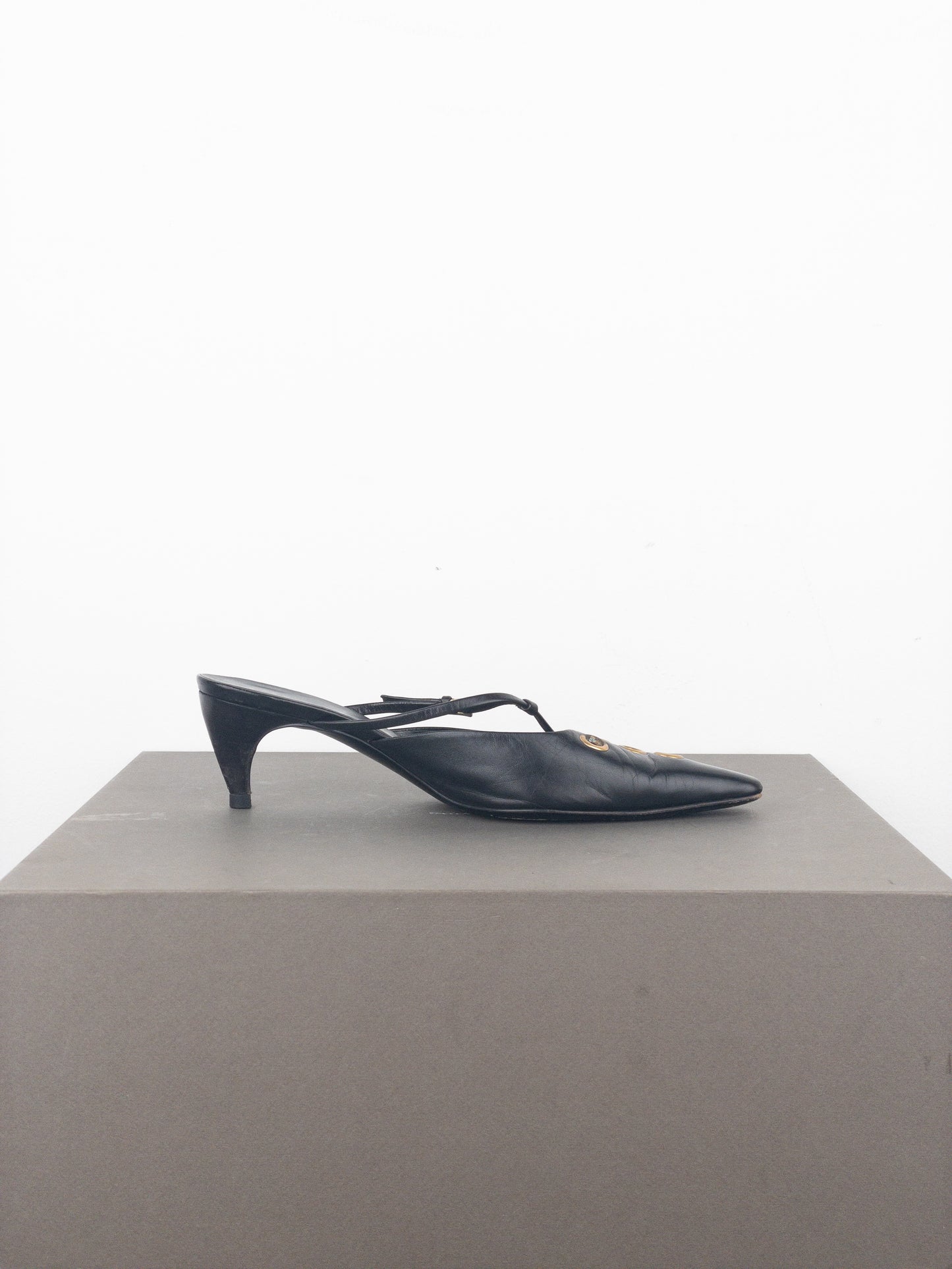 Prada 2000s Square Toe Grommet Kitten Heel Mules