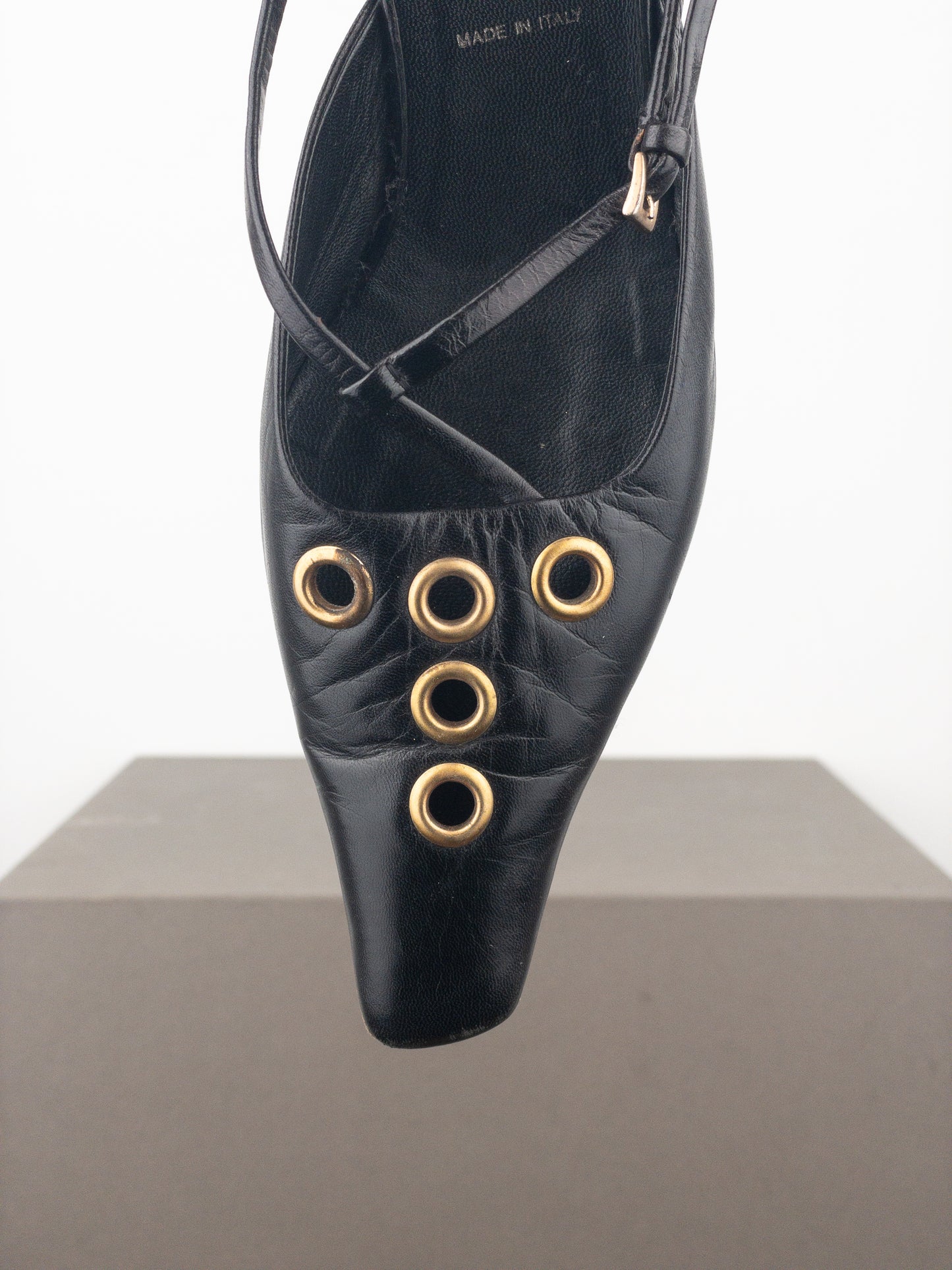 Prada 2000s Square Toe Grommet Kitten Heel Mules