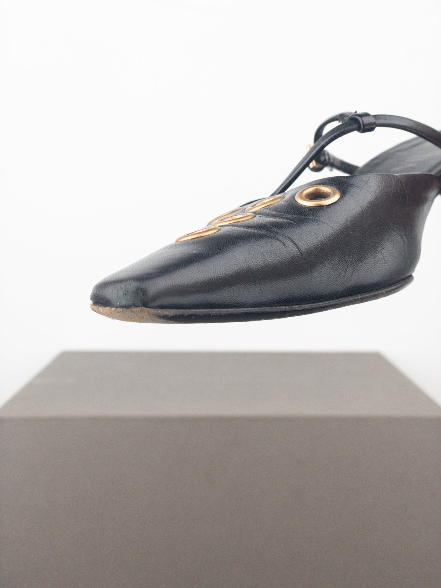 Prada 2000s Square Toe Grommet Kitten Heel Mules