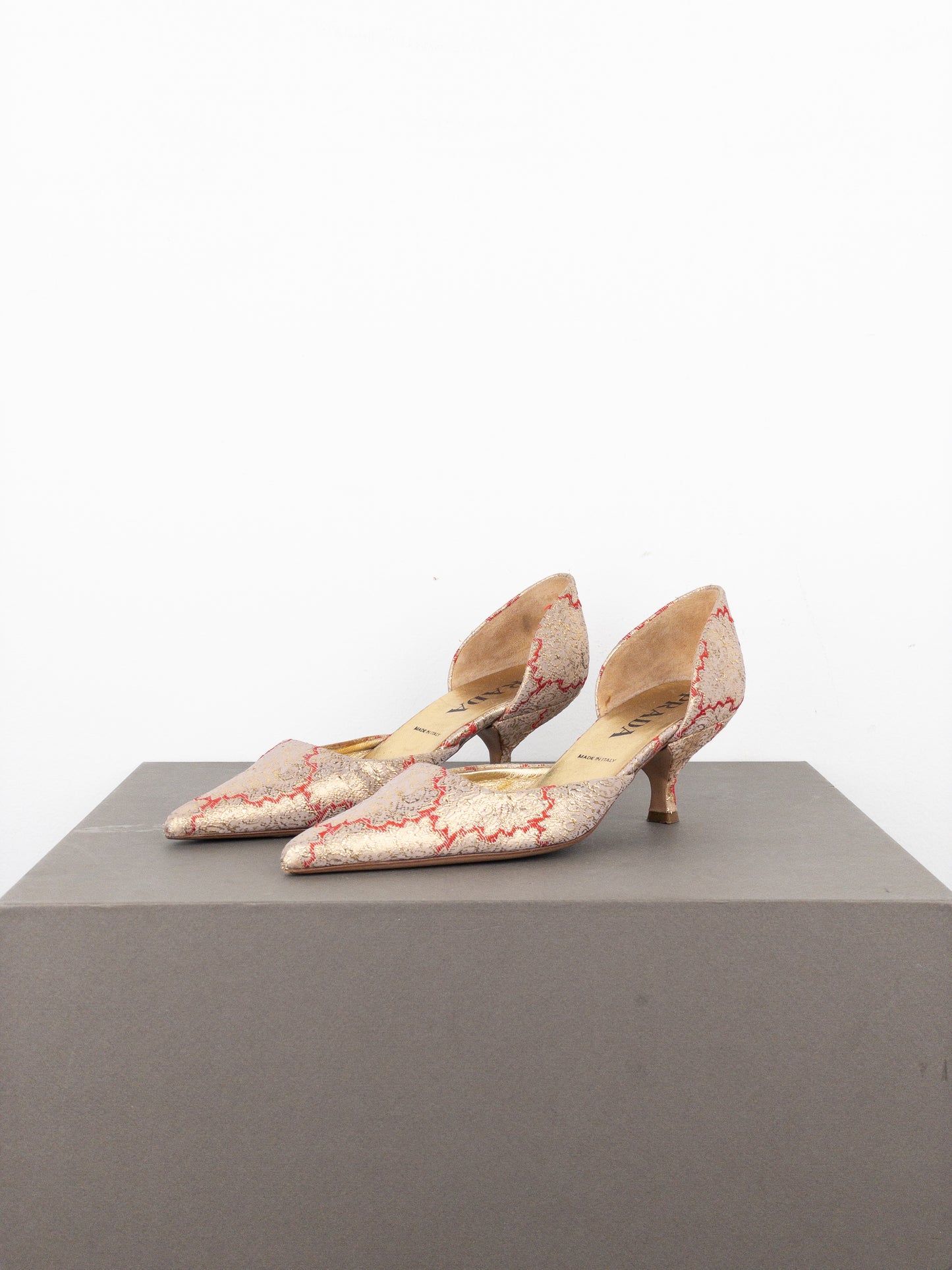 Prada SS02 Gold-Colored Silk Brocade Pump Kitten Heels