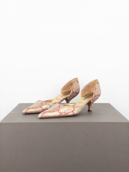 Prada SS02 Gold-Colored Silk Brocade Pump Kitten Heels