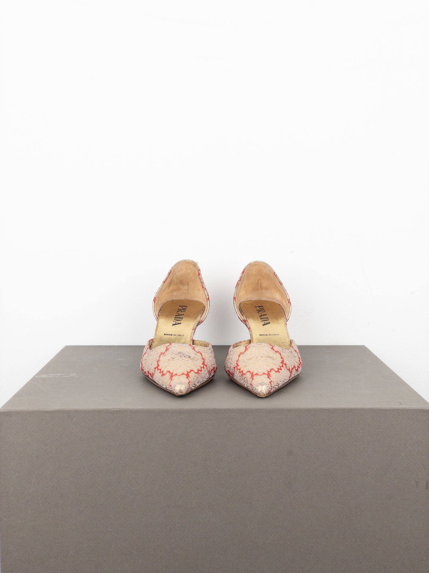 Prada SS02 Gold-Colored Silk Brocade Pump Kitten Heels