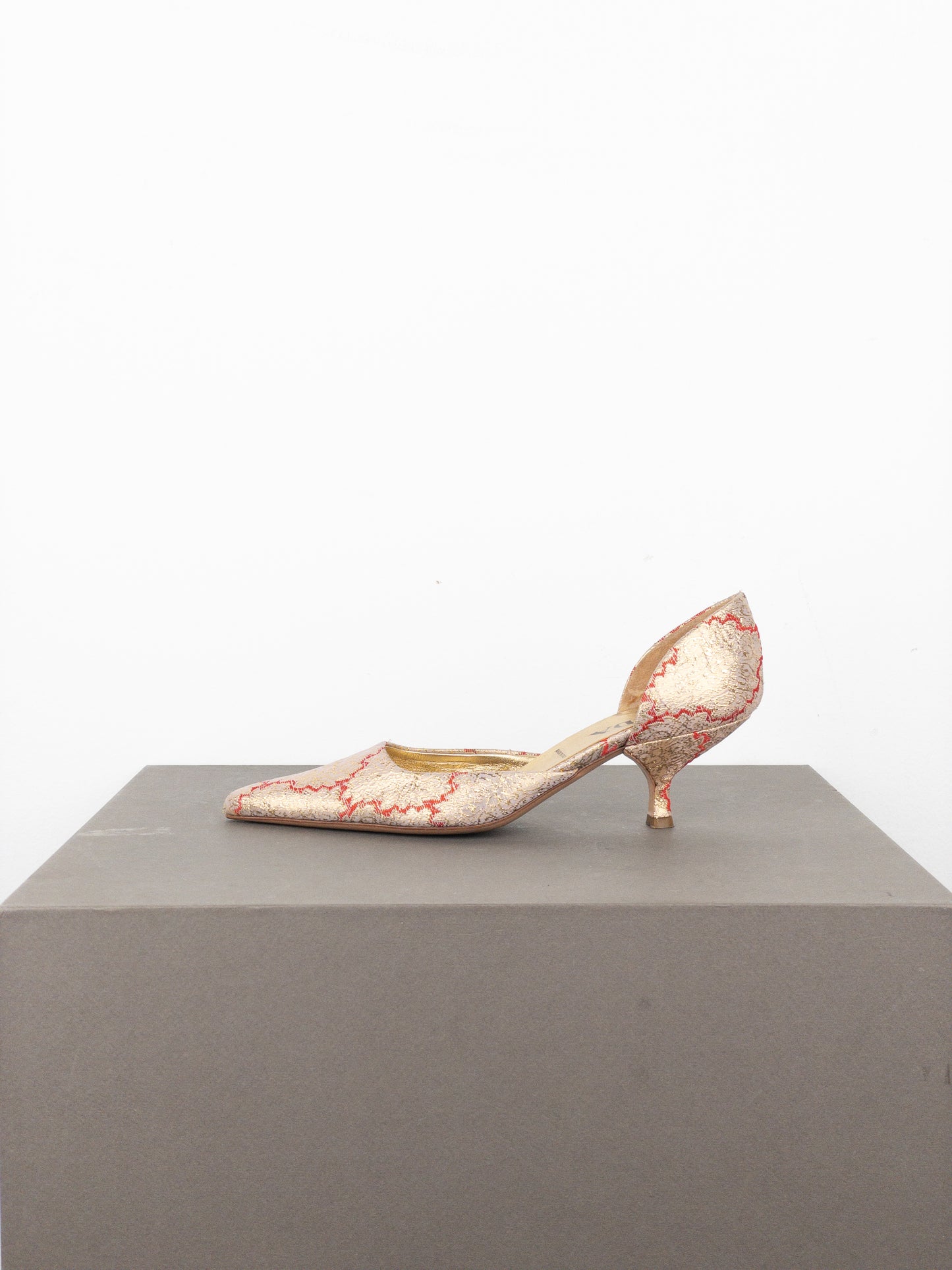 Prada SS02 Gold-Colored Silk Brocade Pump Kitten Heels