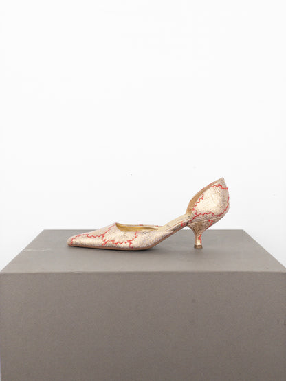Prada SS02 Gold-Colored Silk Brocade Pump Kitten Heels