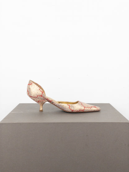 Prada SS02 Gold-Colored Silk Brocade Pump Kitten Heels