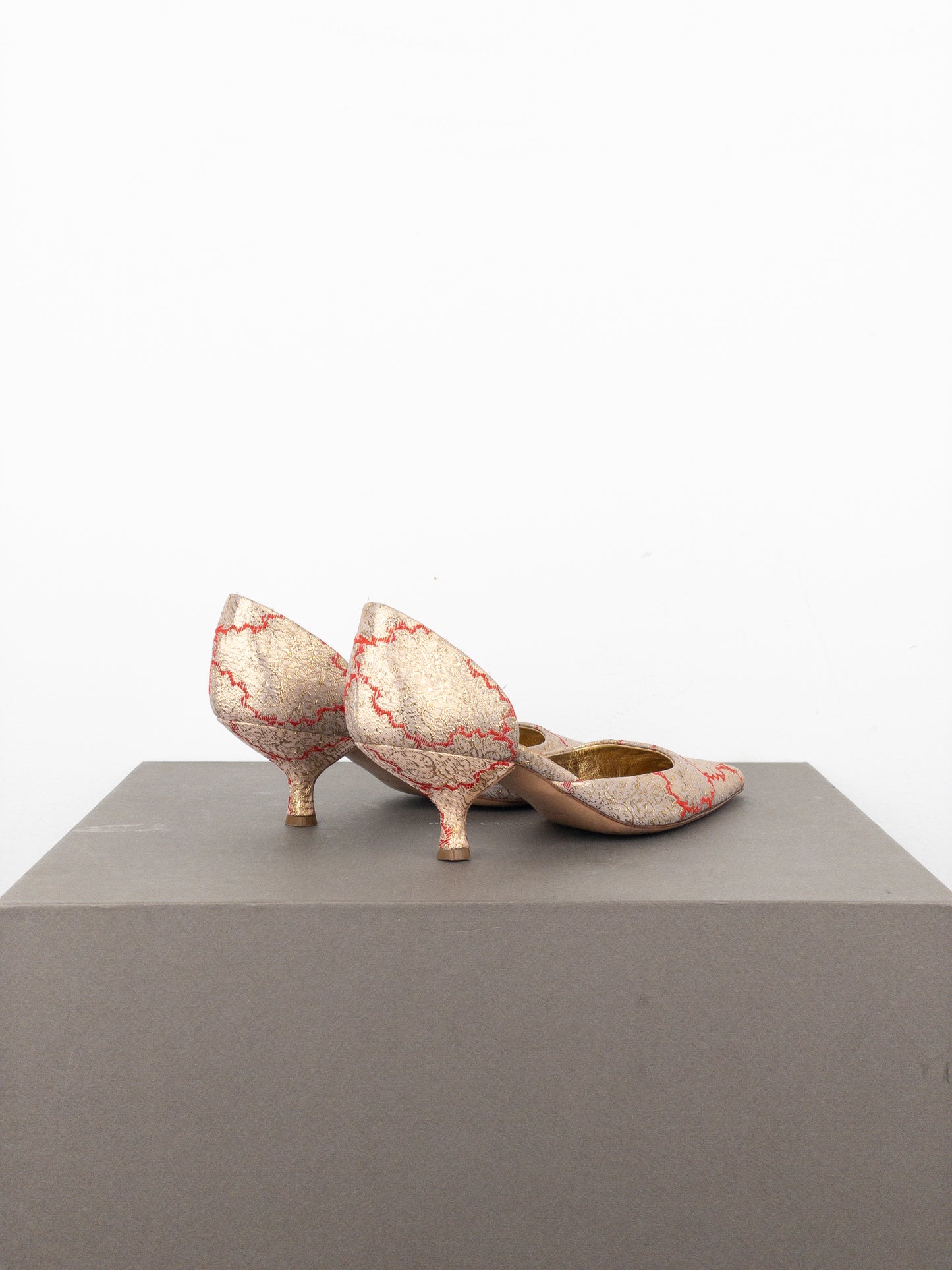 Prada SS02 Gold-Colored Silk Brocade Pump Kitten Heels