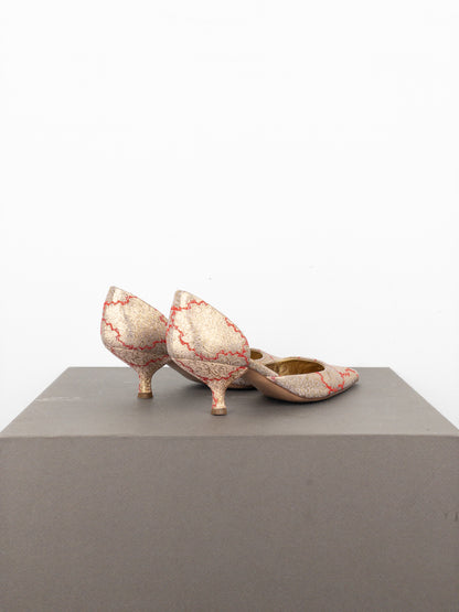 Prada SS02 Gold-Colored Silk Brocade Pump Kitten Heels