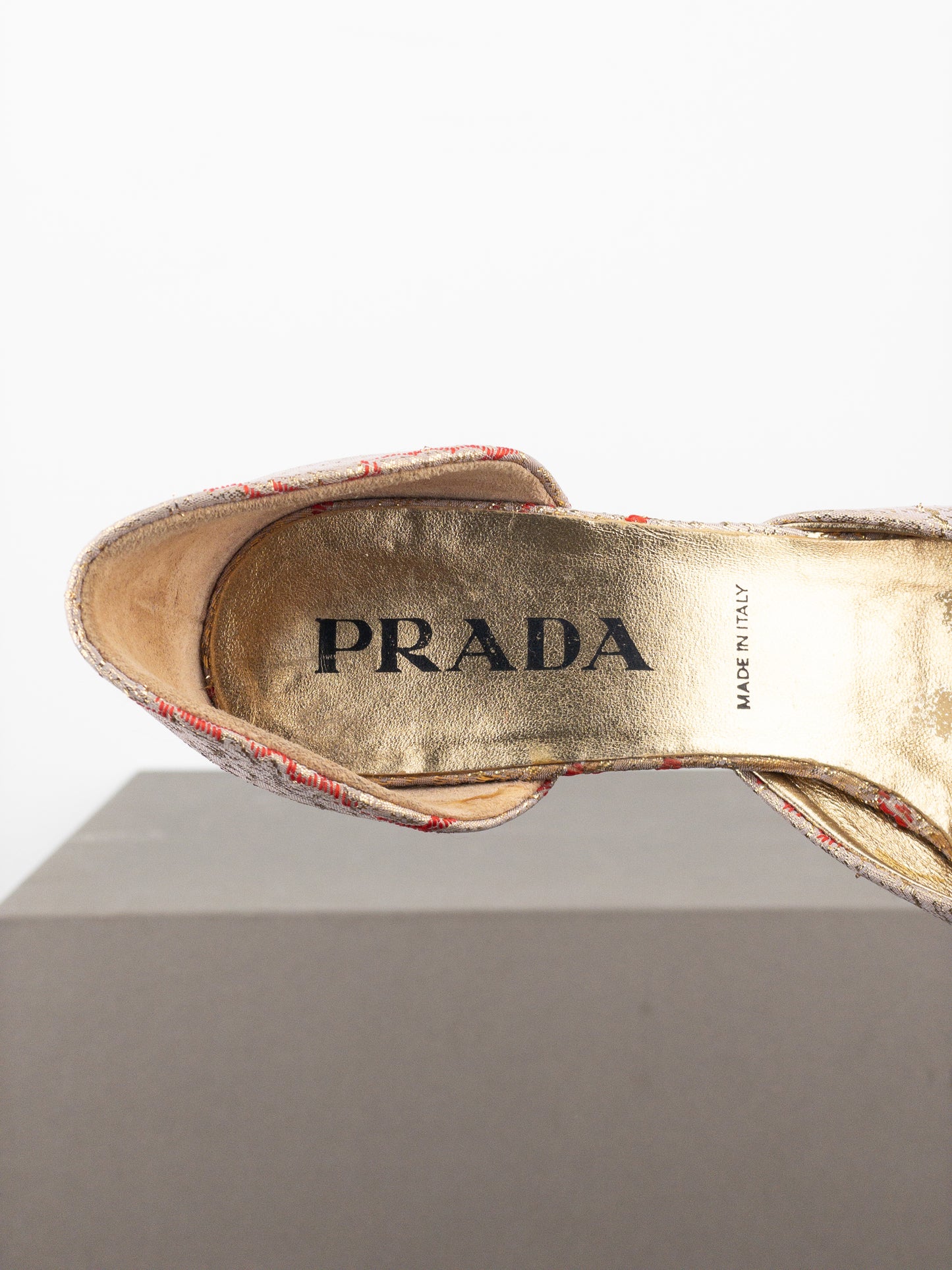 Prada SS02 Gold-Colored Silk Brocade Pump Kitten Heels