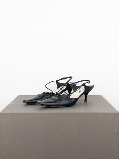 Prada 2000s Square Toe Slingback Kitten Heel Mules
