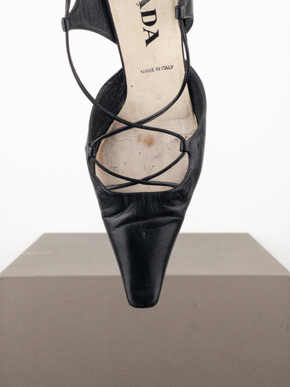 Prada 2000s Square Toe Slingback Kitten Heel Mules