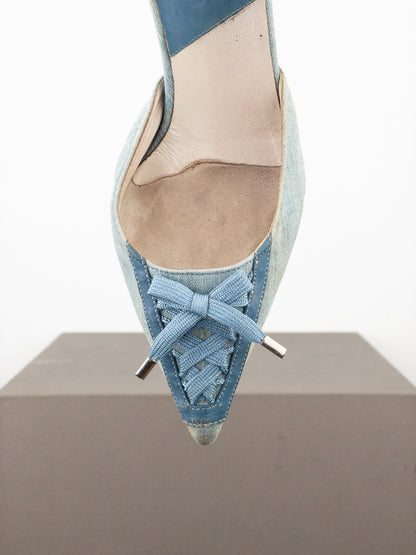 Dior by Galliano SS02 Lace-Up Corset Denim Kitten Heel Mules