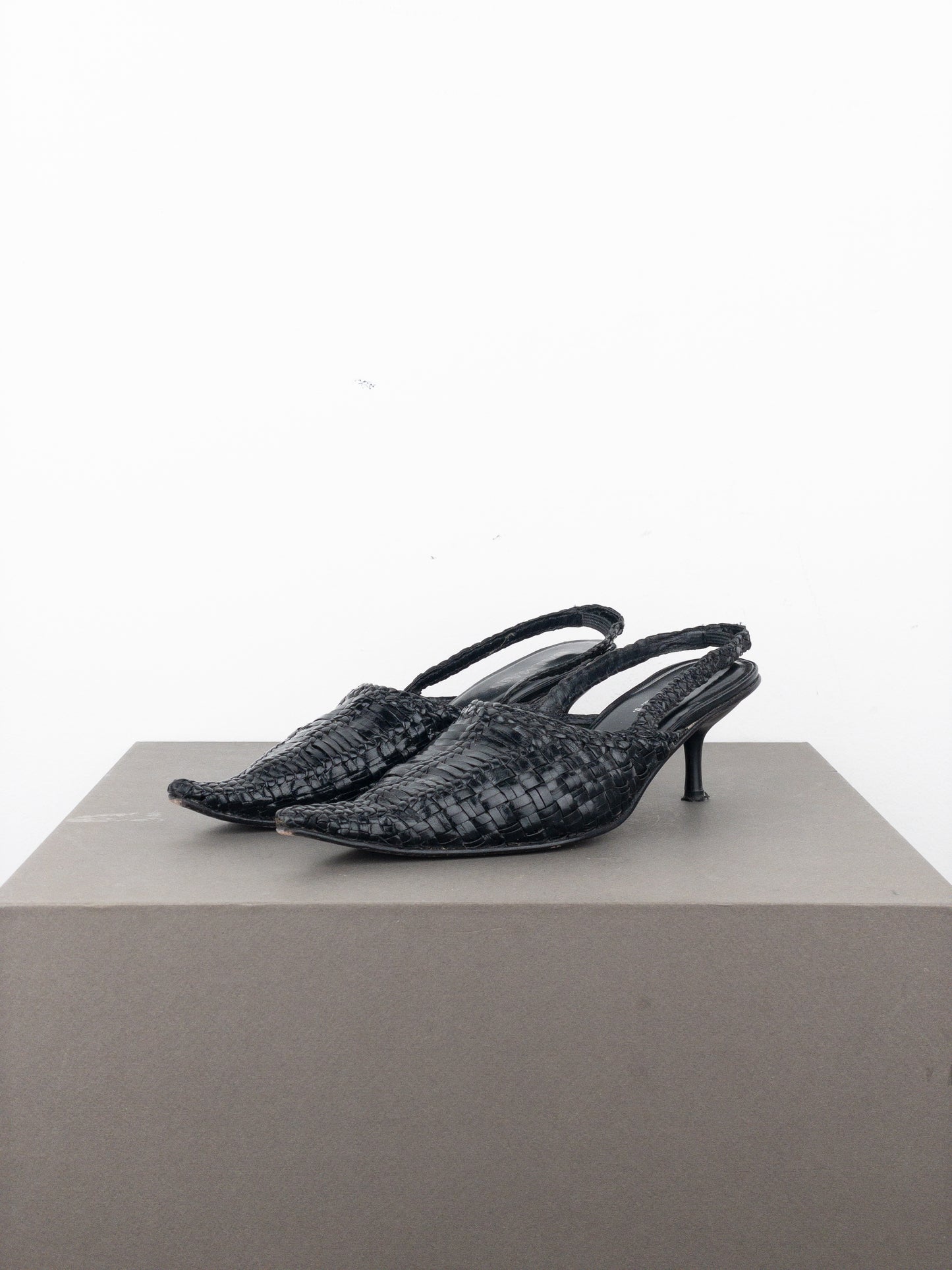 Balmain 2010s Woven Leather Slingback Kitten Heels