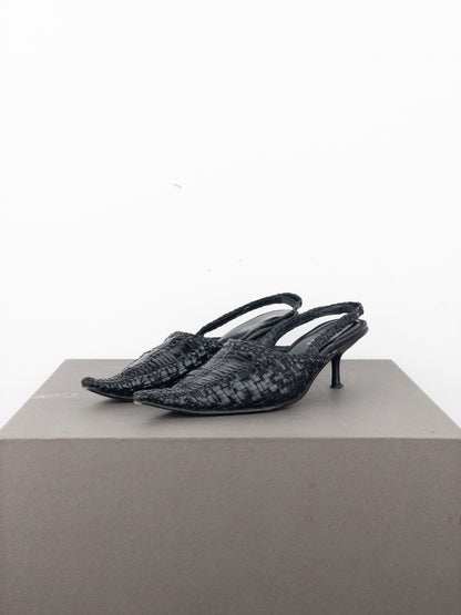 Balmain 2010s Woven Leather Slingback Kitten Heels