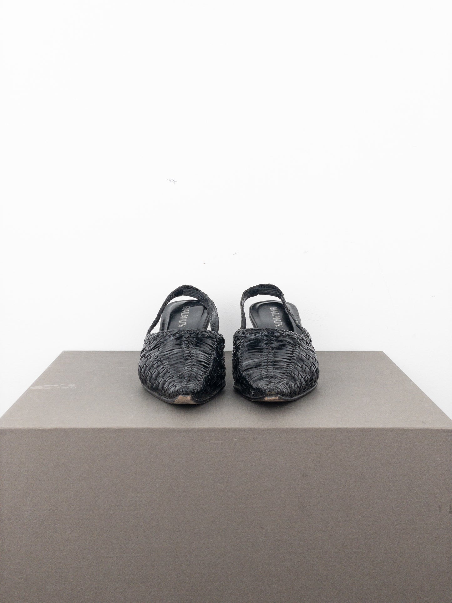 Balmain 2010s Woven Leather Slingback Kitten Heels