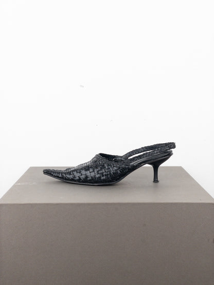 Balmain 2010s Woven Leather Slingback Kitten Heels