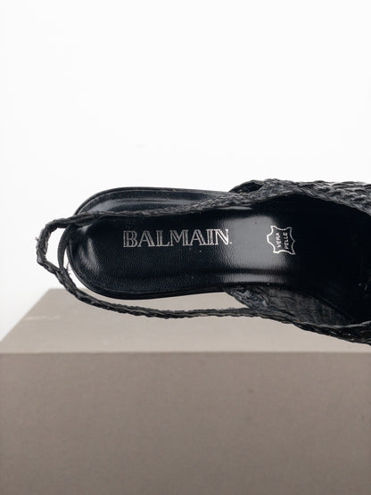 Balmain 2010s Woven Leather Slingback Kitten Heels
