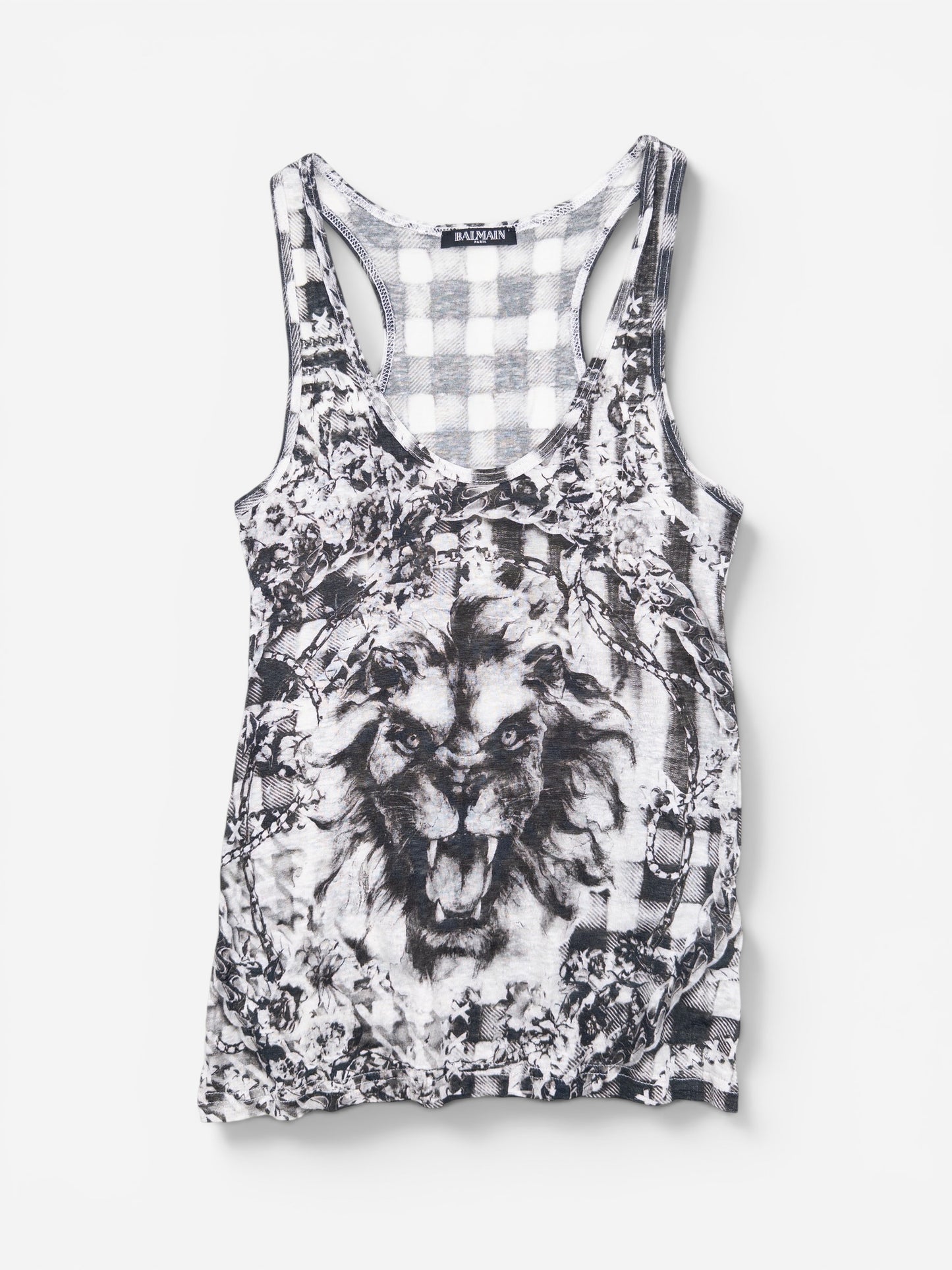 Balmain by Olivier Rousteing SS13 Checkered Lion Print Tank Top