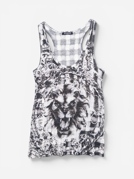 Balmain by Olivier Rousteing SS13 Checkered Lion Print Tank Top