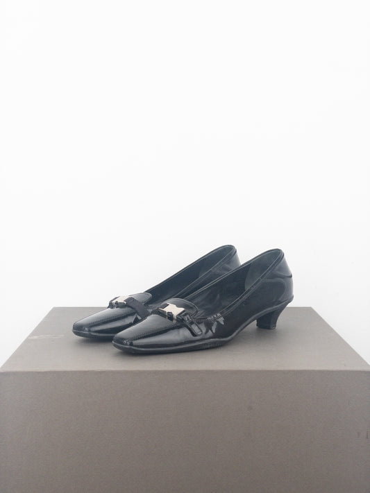 Prada 2000s Square Toe Buckle Loafer Pump Kitten Heels
