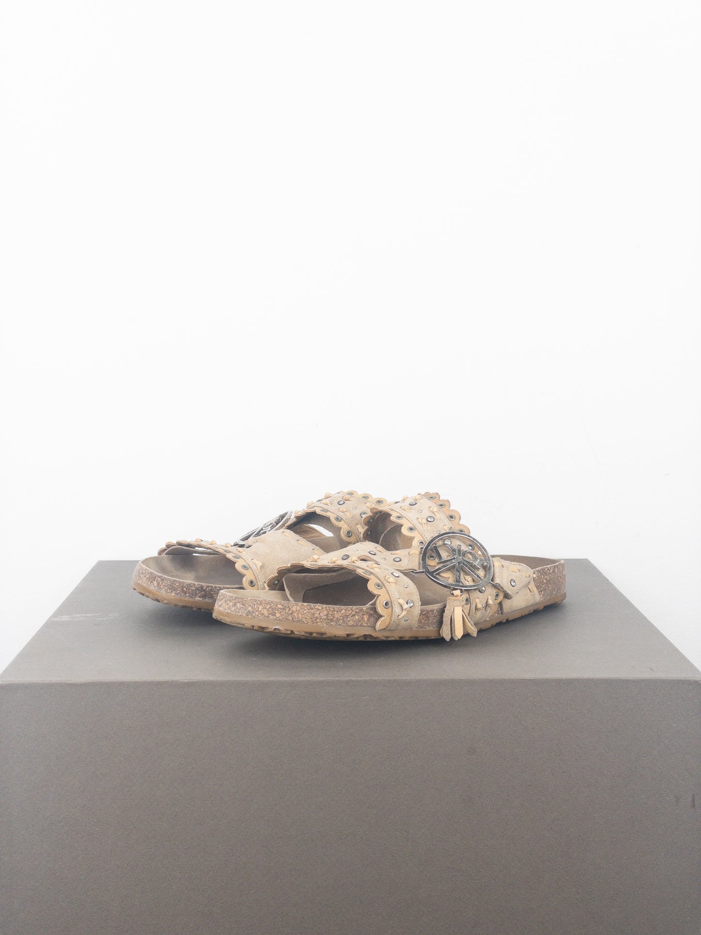 Dior by Galliano SS05 Peace Sign Logo Suede Birkenstock Sandal Slides