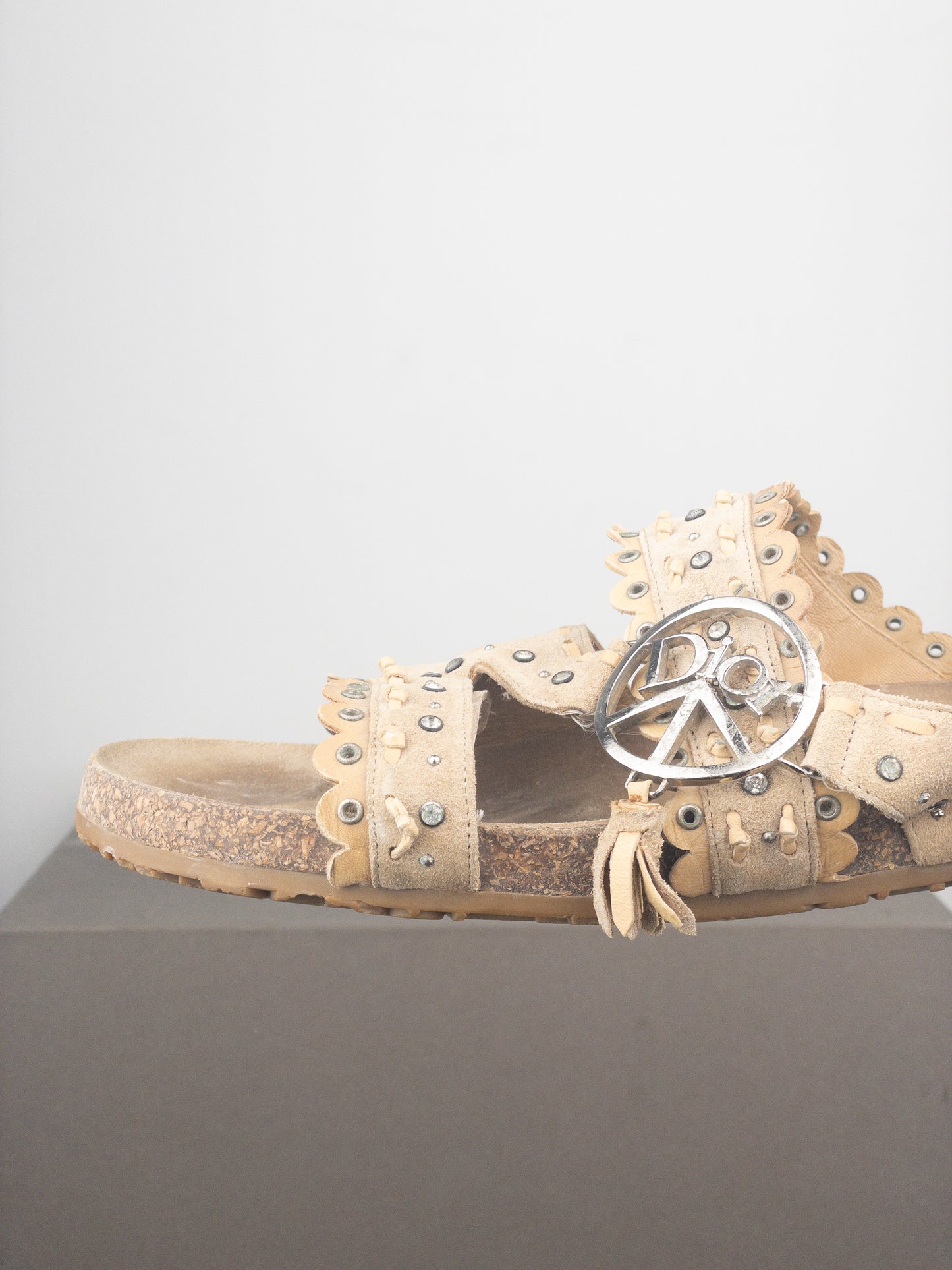 Dior by Galliano SS05 Peace Sign Logo Suede Birkenstock Sandal Slides