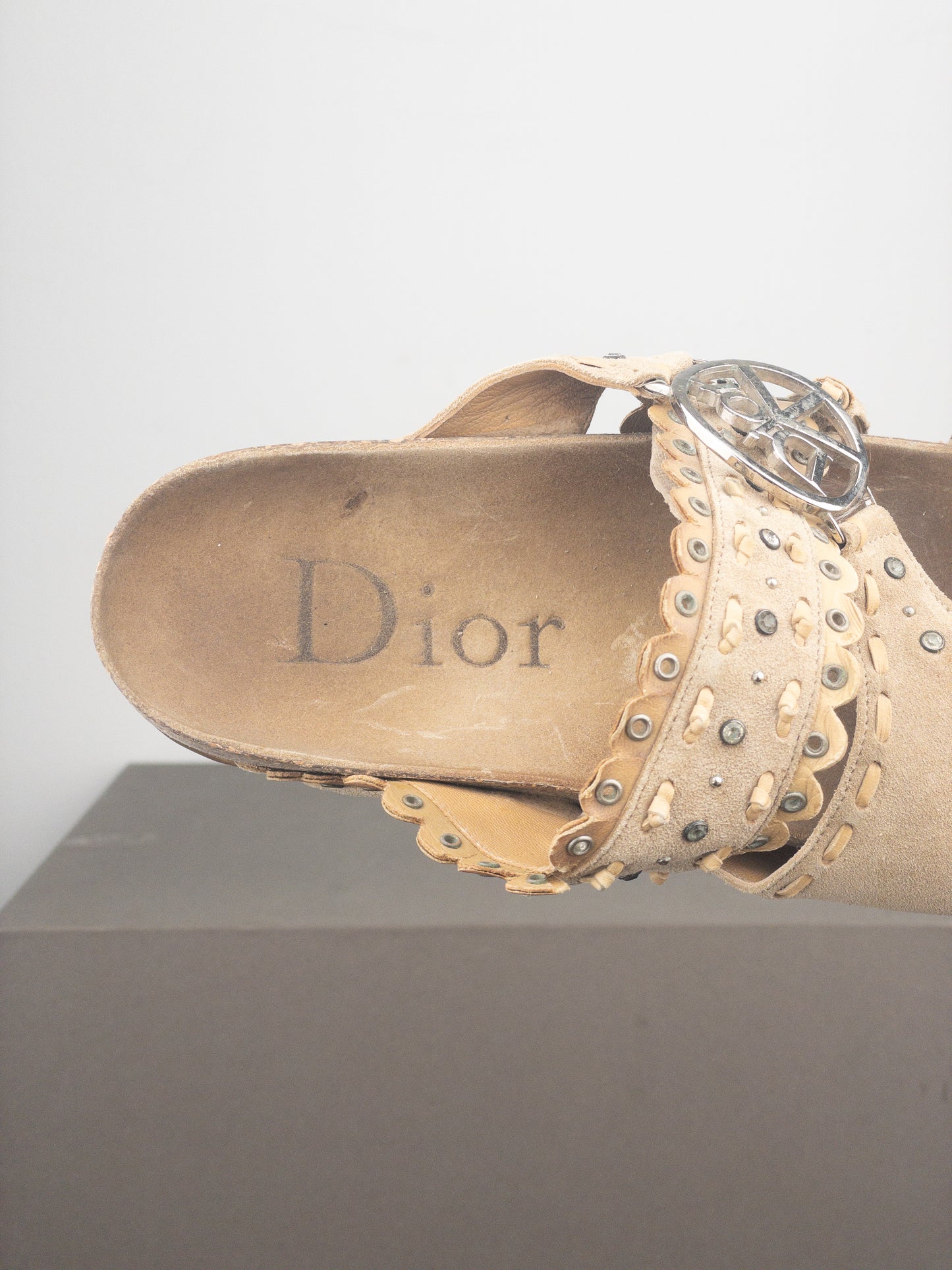 Dior by Galliano SS05 Peace Sign Logo Suede Birkenstock Sandal Slides