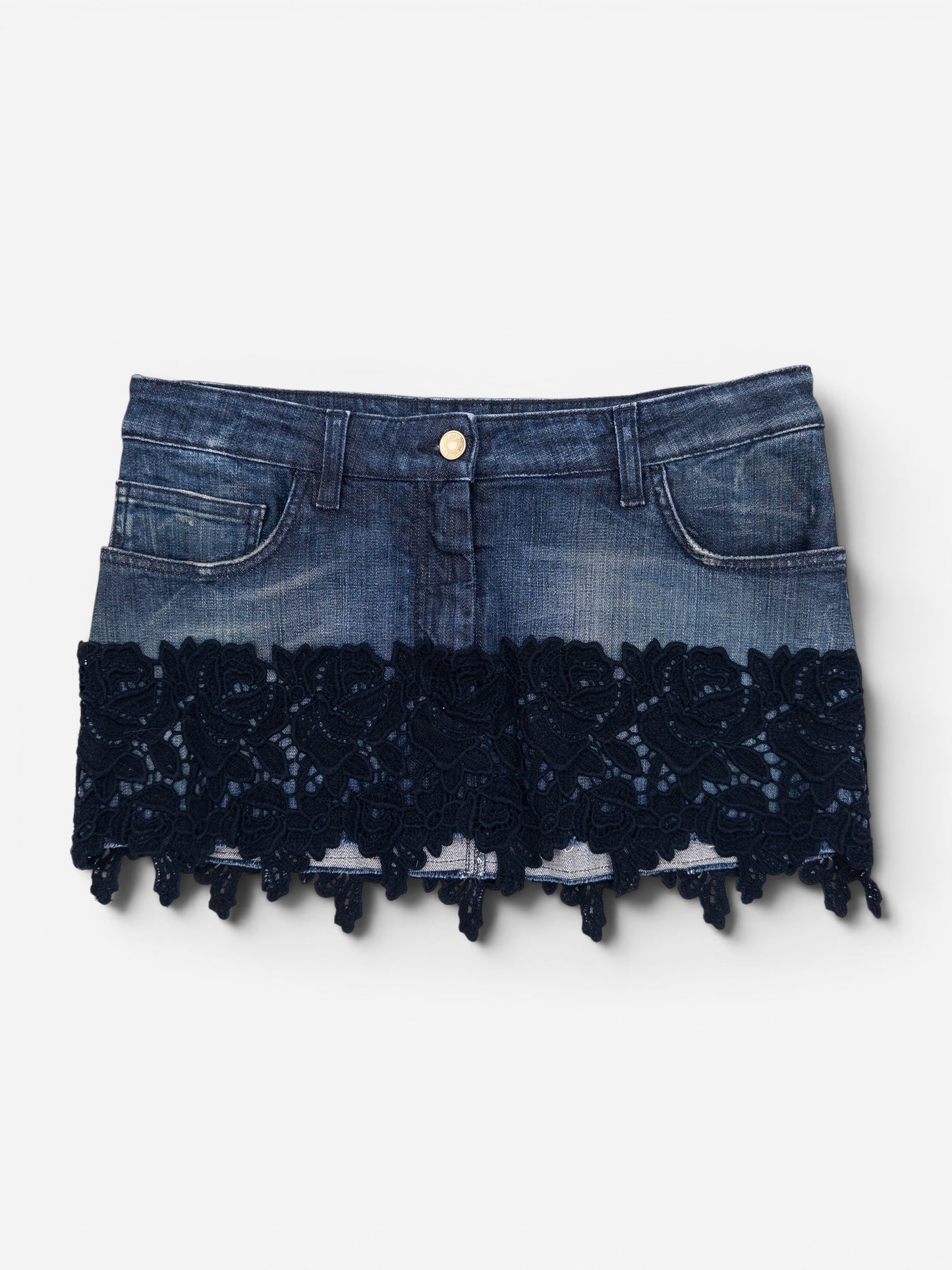 Dolce & Gabbana 2000s Floral Lace Trim Denim Mini Skirt
