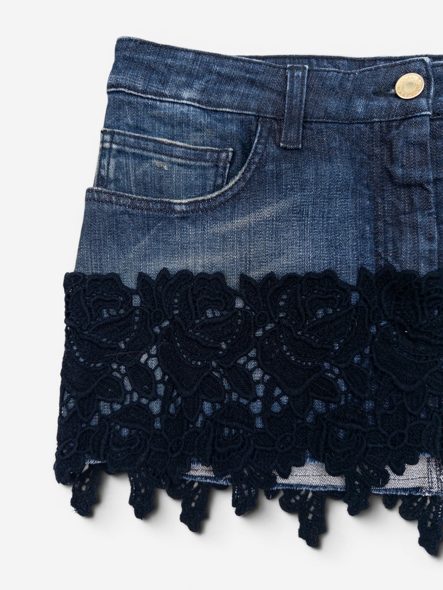 Dolce & Gabbana 2000s Floral Lace Trim Denim Mini Skirt