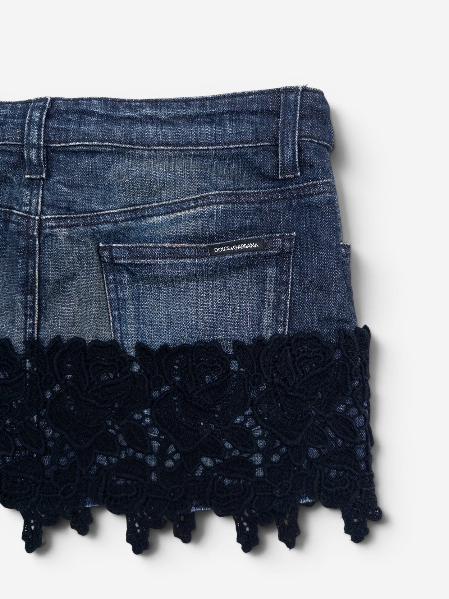 Dolce & Gabbana 2000s Floral Lace Trim Denim Mini Skirt