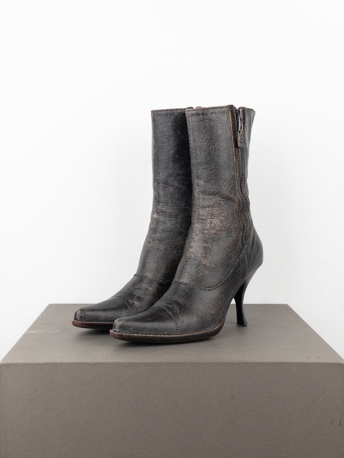 Miu Miu AW01 Double Side-Zip Cracked Leather Ankle Heel Boots