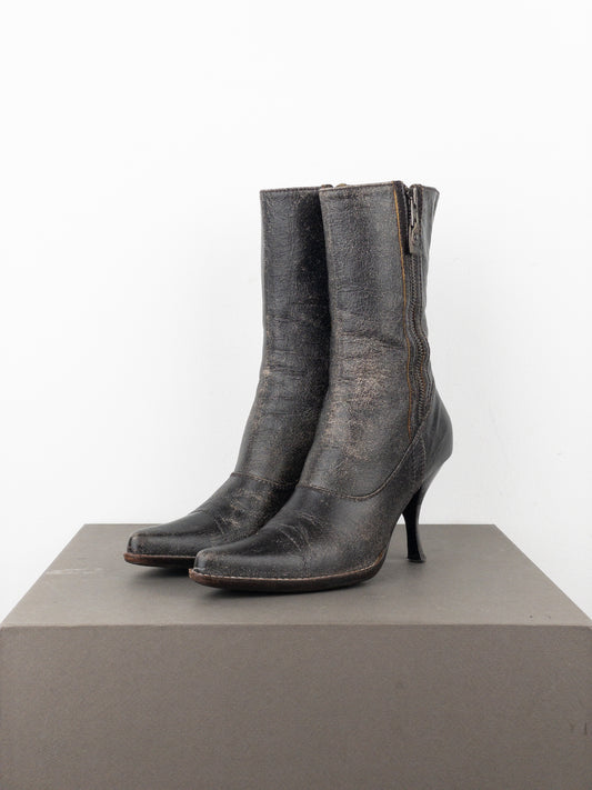 Miu Miu AW01 Double Side-Zip Cracked Leather Ankle Heel Boots