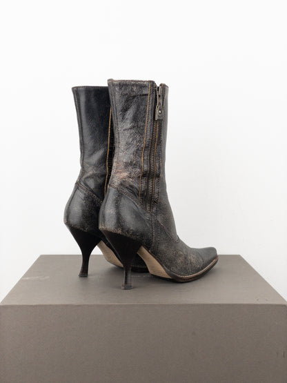 Miu Miu AW01 Double Side-Zip Cracked Leather Ankle Heel Boots