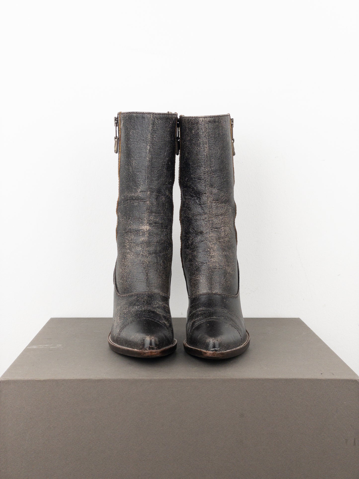 Miu Miu AW01 Double Side-Zip Cracked Leather Ankle Heel Boots