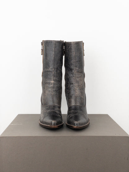 Miu Miu AW01 Double Side-Zip Cracked Leather Ankle Heel Boots
