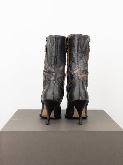 Miu Miu AW01 Double Side-Zip Cracked Leather Ankle Heel Boots