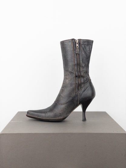 Miu Miu AW01 Double Side-Zip Cracked Leather Ankle Heel Boots