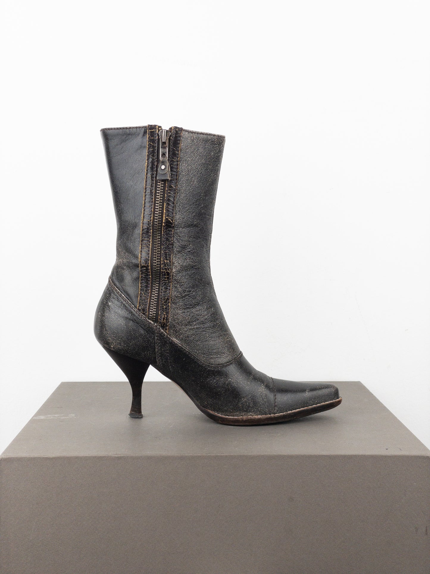 Miu Miu AW01 Double Side-Zip Cracked Leather Ankle Heel Boots