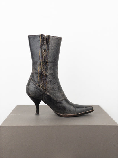 Miu Miu AW01 Double Side-Zip Cracked Leather Ankle Heel Boots