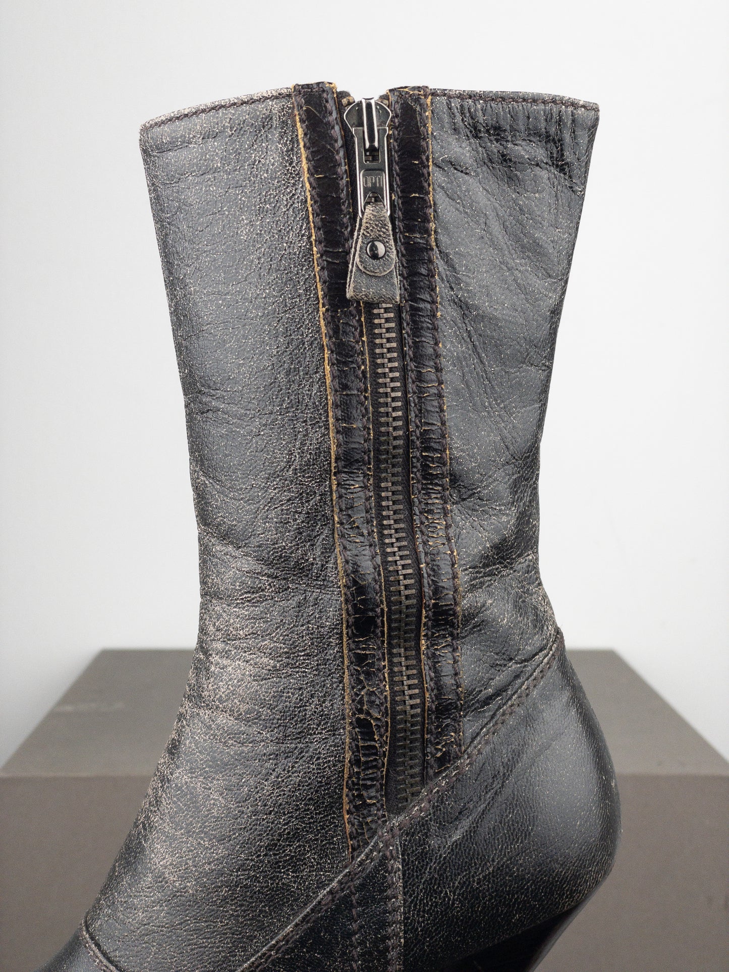 Miu Miu AW01 Double Side-Zip Cracked Leather Ankle Heel Boots